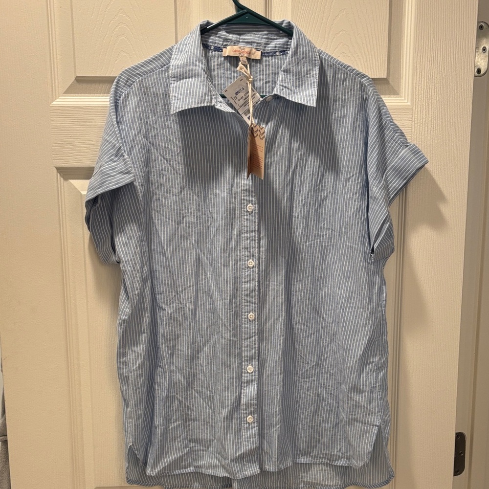Women's Short-sleeved Blue Striped Shirt